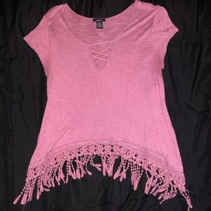 Pink shirt with lace trim & criss cross key hole